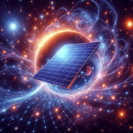 Solar energy panel in space. 3d illustration of solar panels in cosmic spaceの素材