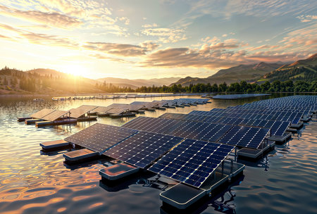 solar energy panels on the water at sunset, 3d renderの素材