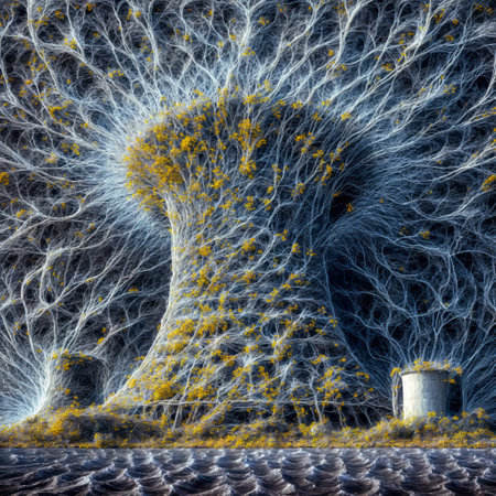 Fractal 3D illustration of a tree in a surreal landscapeの素材
