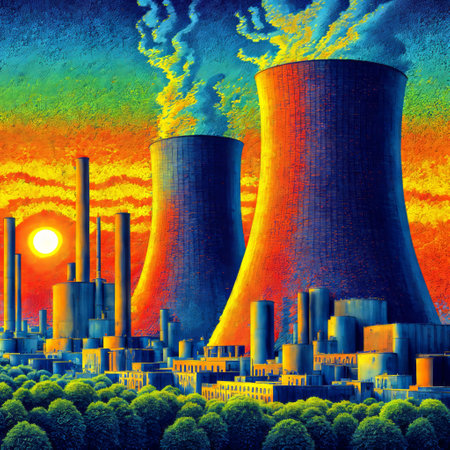 Cooling towers of nuclear power plant at sunset. 3D renderingの素材