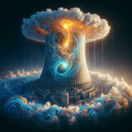 Nuclear power plant in the clouds. 3D illustration. Fantasy.の素材