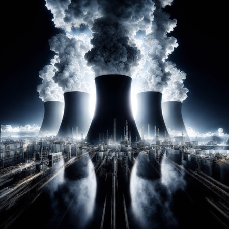 Cooling towers of nuclear power plant with smoke from chimneys at nightの素材