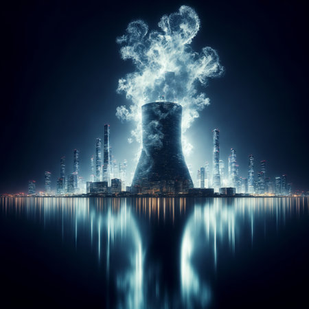 Nuclear power plant with smoking chimneys and reflection in the waterの素材