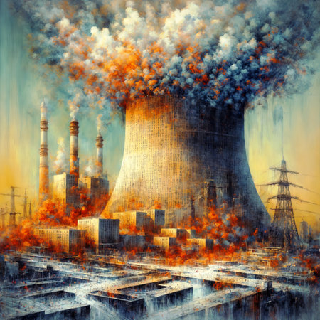 Nuclear power plant with huge smoke and flames, 3d illustrationの素材