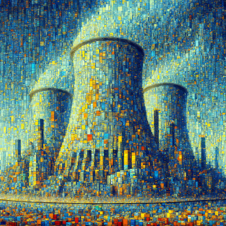 Cooling towers of nuclear power plant. Global warming concept. 3D renderingの素材