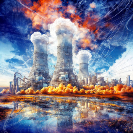 Nuclear power plant polluting the environment. 3d illustration.の素材