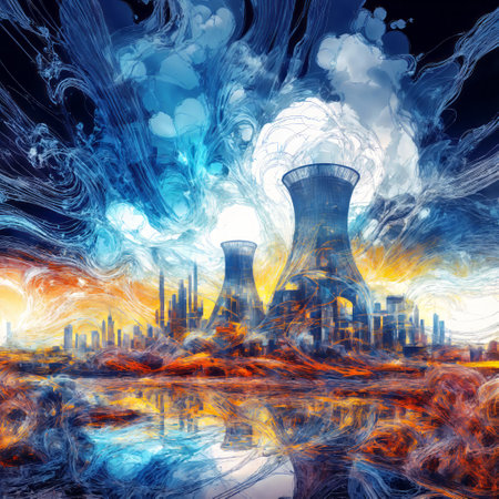 Nuclear power plant with smoke in the sky. 3D renderingの素材