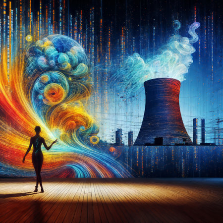 Conceptual image of power station with female silhouette against futuristic backgroundの素材