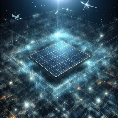 solar energy panel with airplane on blue background, 3d renderingの素材