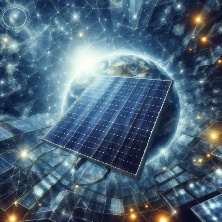 Solar panels in space against the background of the planet. 3D renderingの素材
