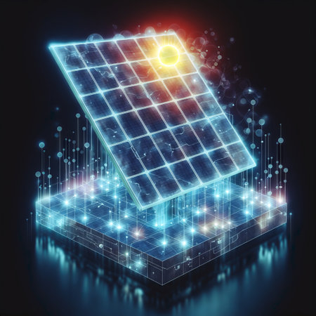 Solar panel with glowing lights on a dark background. 3d renderingの素材