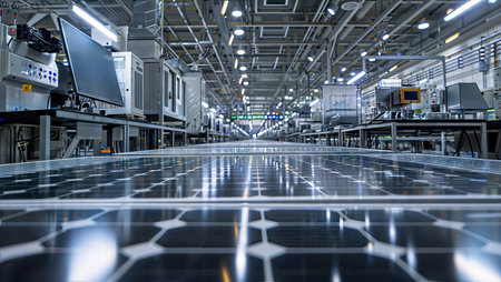 3d rendering of solar panels on a production line in a factoryの素材