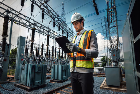 Electrician working with tablet computer at power plant. Electricity distribution station.の素材