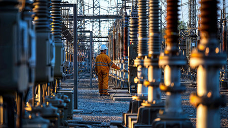 Electrician working on a power station in the evening. Selective focus.の素材