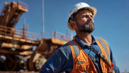 Portrait of a male worker in a hardhat on a construction siteの素材