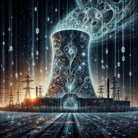 Nuclear power station with high voltage towers and binary code on the backgroundの素材