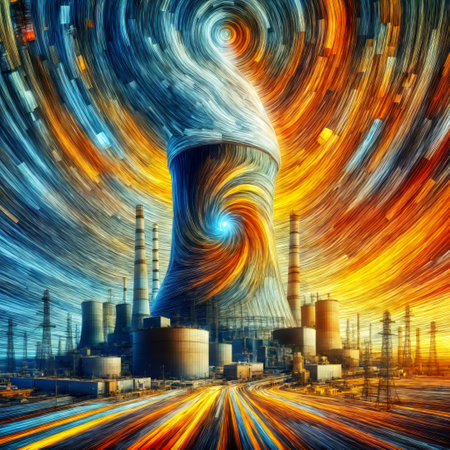 Industrial landscape with a big chimney and high-voltage power plantの素材