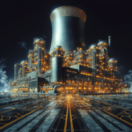 Power plant at night with neon lights. 3D rendering. Technology concept.の素材