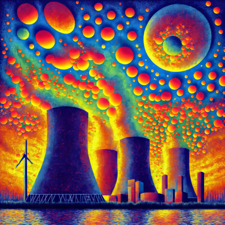 Cooling tower of nuclear power plant with colorful smoke and sun.の素材