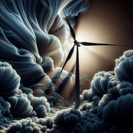 Wind turbines in the clouds. 3D rendering. Computer digital drawing.の素材