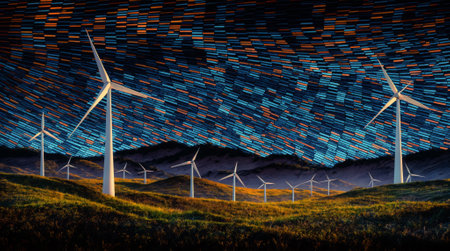 Digital illustration of wind turbines with binary code against blue sky and grasslandの素材
