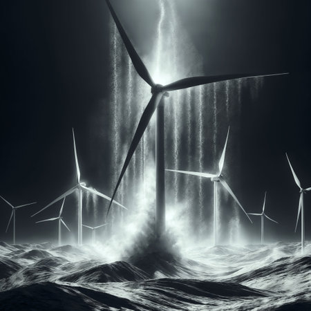 Wind turbines in a stormy landscape, 3d render illustration.の素材