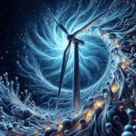 Wind turbines in abstract space, 3D illustration with glowing energy.の素材