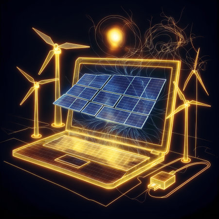 solar energy concept with laptop and wind turbines on dark blue backgroundの素材