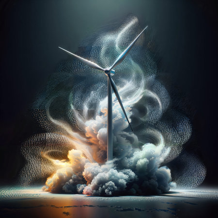 Wind turbine in smoke and flames on dark background. 3D renderingの素材