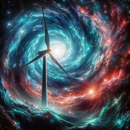 Wind turbines on abstract space background. Renewable energy concept. 3D Renderingの素材