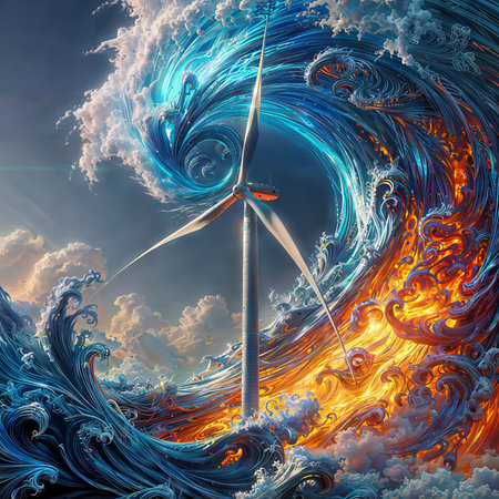 Wind turbines generating electricity on stormy sky background. 3D illustrationの素材