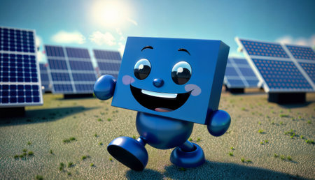 Smiling cartoon character with solar panels in the background. 3d renderingの素材