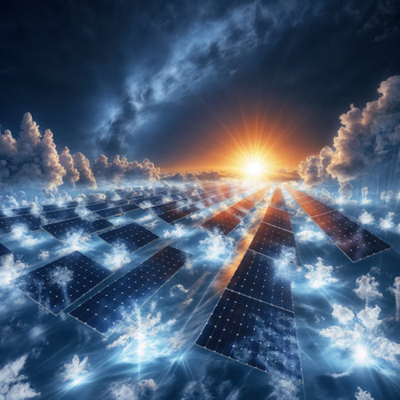 solar energy panels against blue sky and white clouds 3d renderingの素材