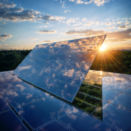Solar panels on the roof with beautiful sky and sun at sunset.の素材