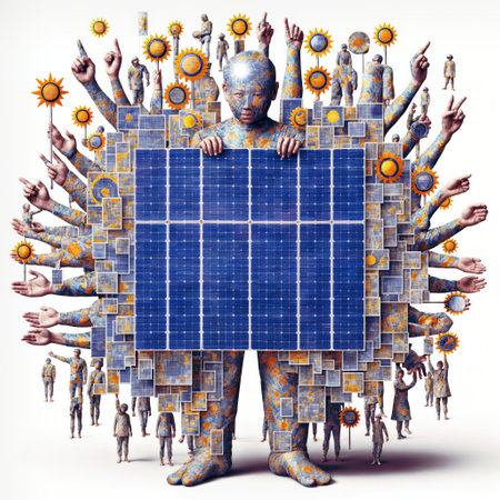 Conceptual 3D illustration of a man surrounded by solar panelsの素材