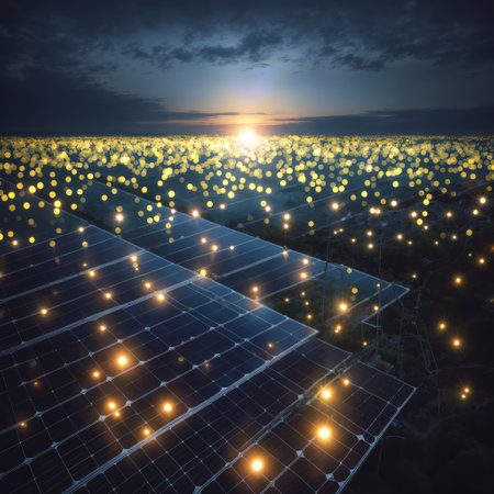 solar energy panels at sunset. 3d rendering - illustration.の素材