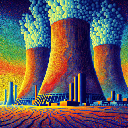 Nuclear power plant with chimneys. 3d illustration. Abstract background.の素材