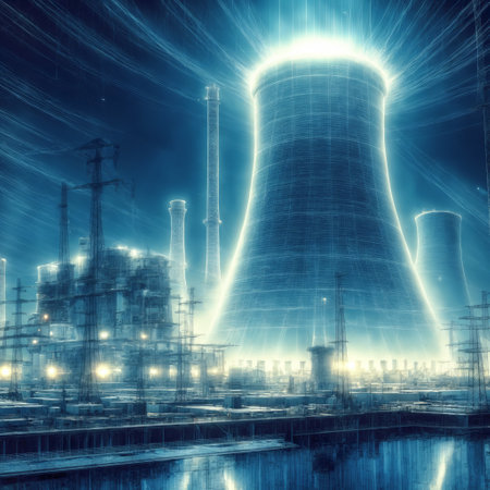 Power plant with cooling towers at night. Energy concept. 3D renderingの素材
