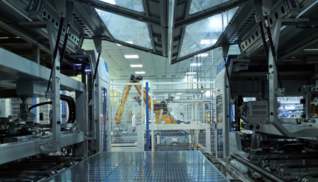 Modern automated solar panel production line in factory. Industry 4.0 concept.の写真素材