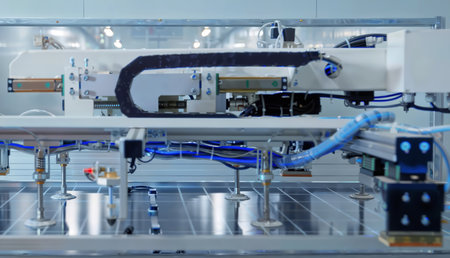 Industrial solar panel production line in a factory. Industry and technology concept.