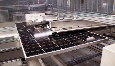Solar panel on the conveyor belt in a large industrial plant.
