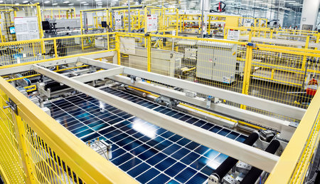 Modern automated solar panel production line in a factory for the production of household appliances