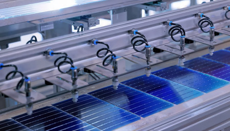 Close up of solar cells on conveyor belt in production line.の写真素材