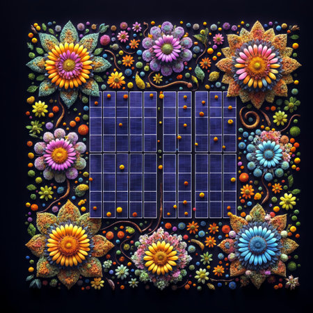 3d illustration of a solar panel with colorful flowers on a black backgroundの素材