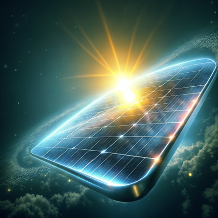 solar panel with sun rays on a dark background. 3d renderingの素材