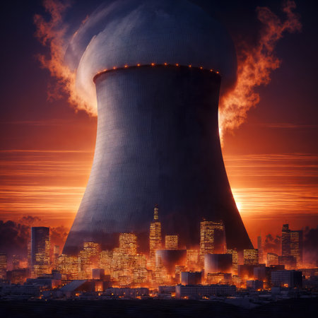 Nuclear power plant at sunset. 3D illustration. Global warming concept.の素材