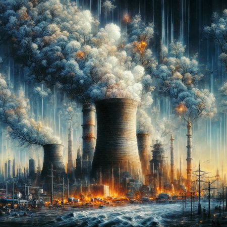 Industrial landscape with thermal power plant and smoke from chimneys.の素材