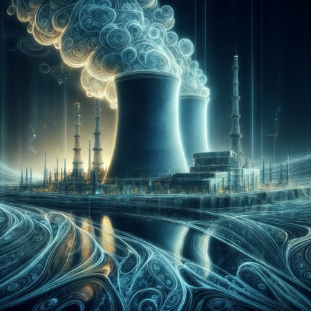 Nuclear power plant with smoke on the background. 3D renderingの素材