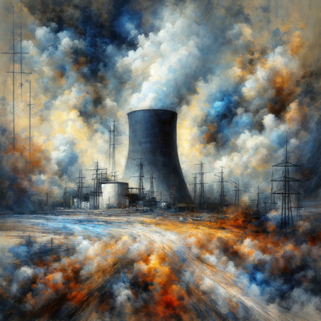 Nuclear power plant with smoke and smog, 3d illustrationの素材