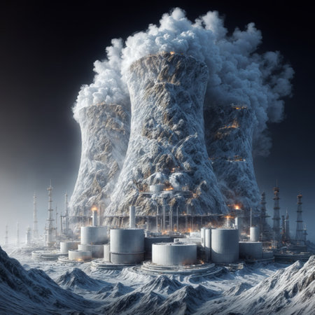 Power plant with cooling towers in the snow at night. 3D renderingの素材